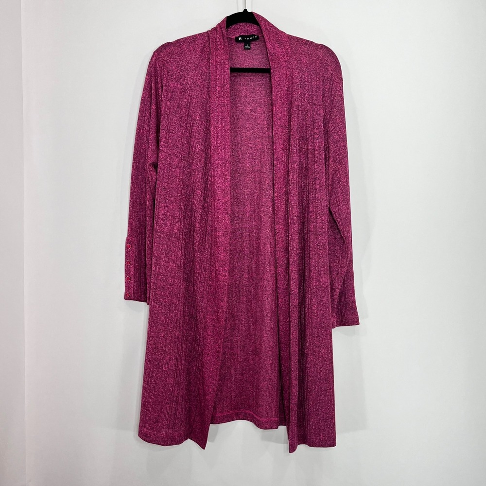 N Touch Women Magenta Marl Ribbed Open Front Longline Cardigan Button Cuff L